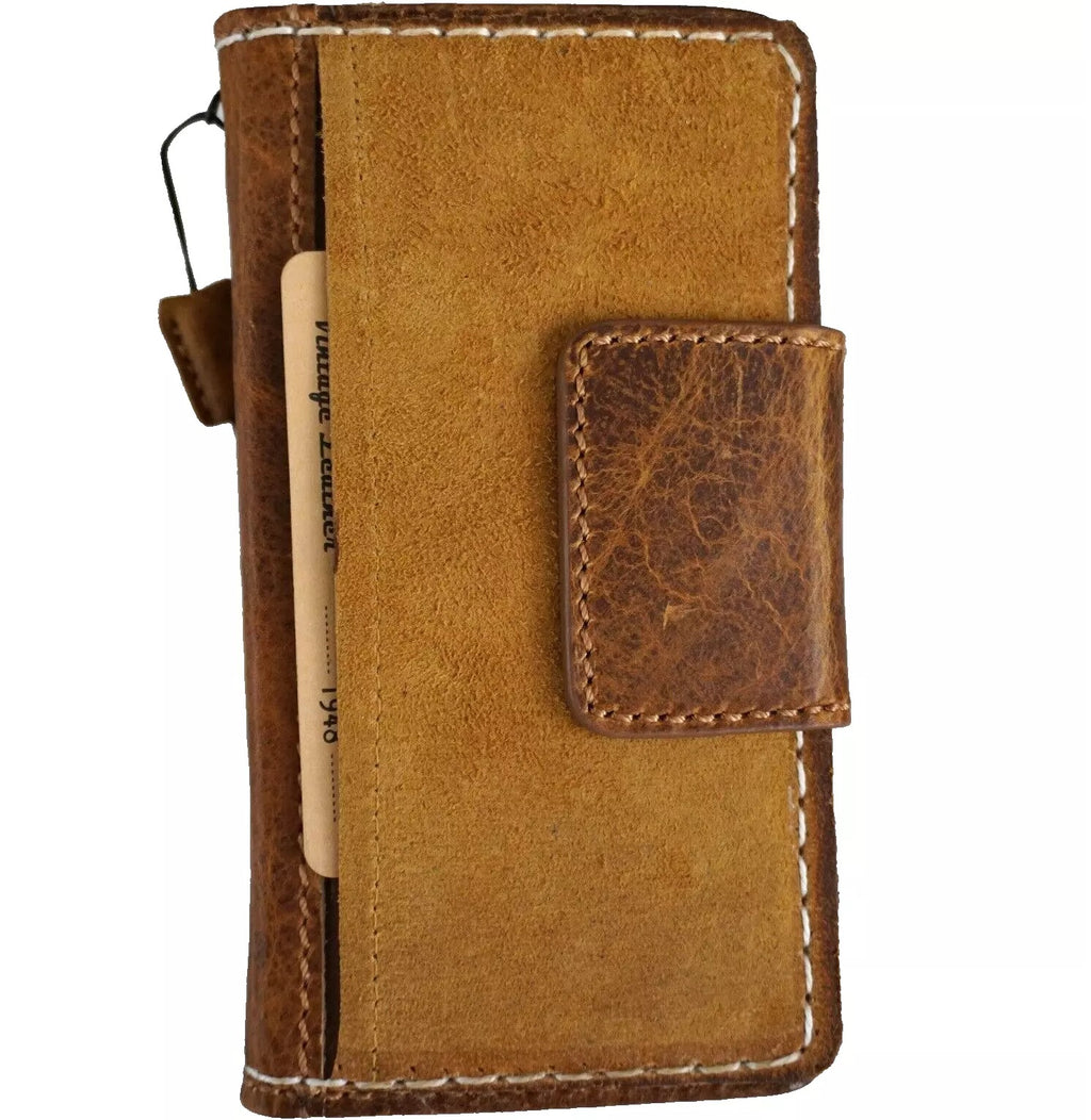 Handmade genuine leather wallet case for Google Pixel Fold, featuring sewn suede interior and classic fold book design.