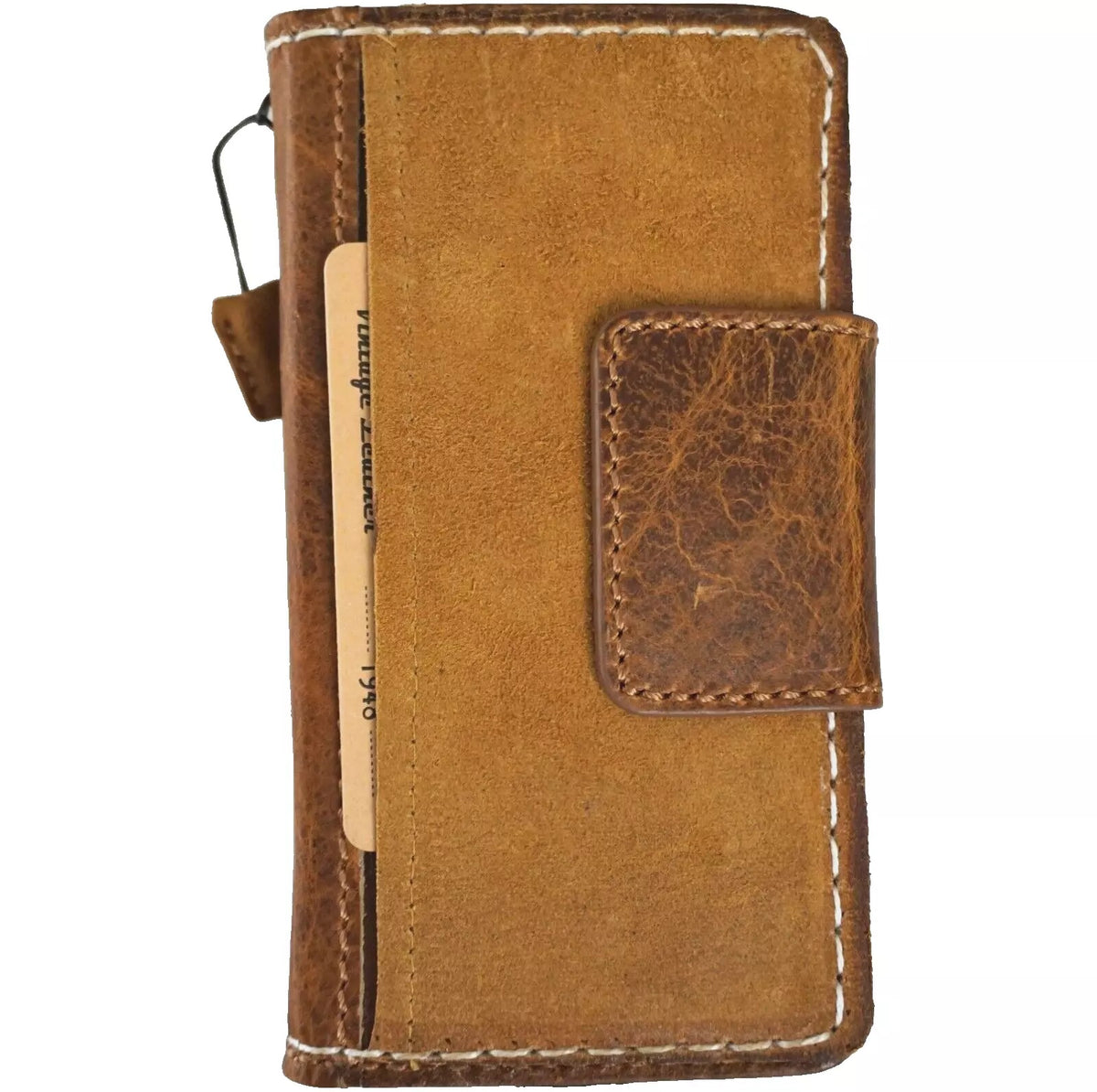 Handmade genuine leather wallet case for Google Pixel Fold, featuring suede interior and sewing details.