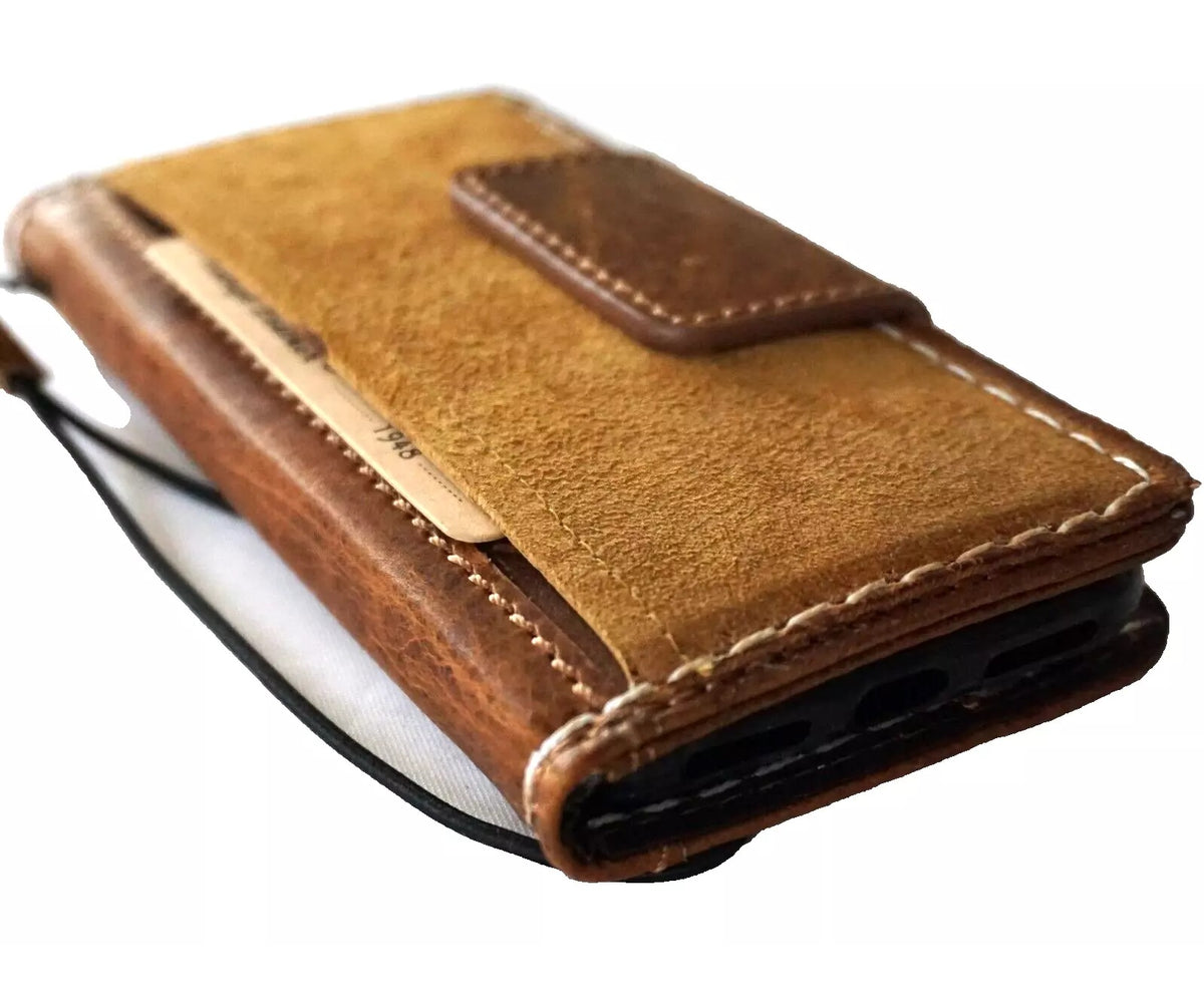 Handmade genuine leather wallet phone case for iPhone 13-16 Pro Max, with suede interior and sewing details by DAVISCASE.