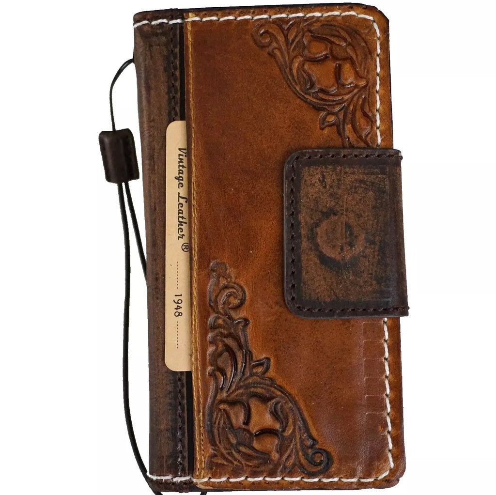 Genuine tan leather Galaxy S25 S23 S24 Ultra Note Edge FE case with wallet and Z Fold design by DAVISCASE, showing texture and stitching.