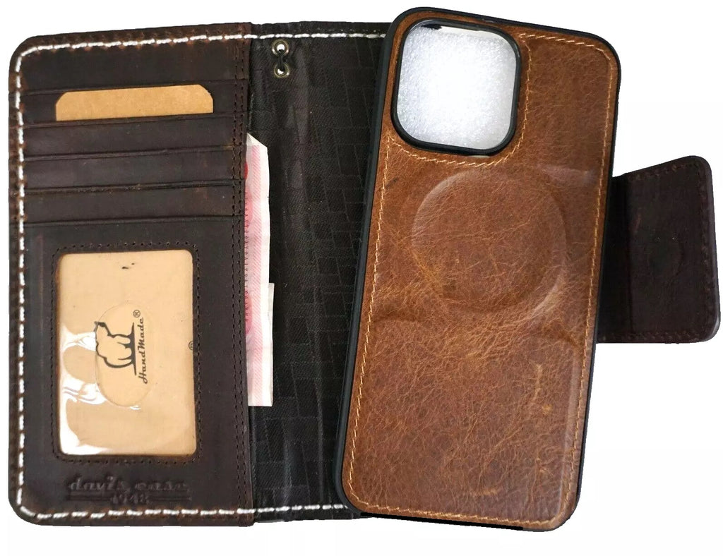 Handmade genuine leather wallet phone case for iPhone 13-16 Pro Max by DAVISCASE with sewing details and oiled finish.
