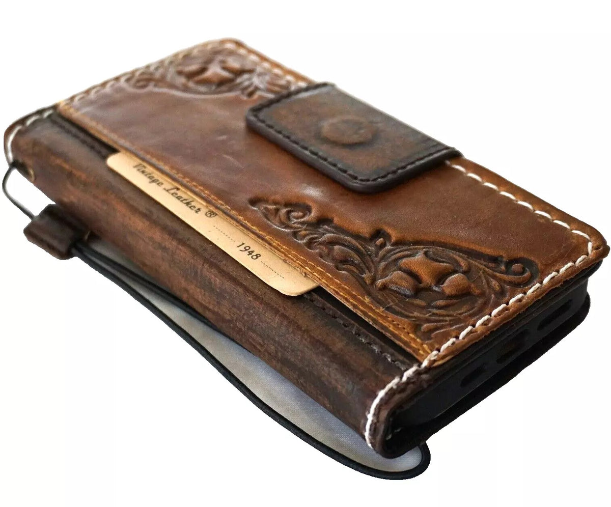 Handmade genuine leather wallet case for Google Pixel phones, featuring sewing details, fold design, and oiled finish by DAVISCASE.