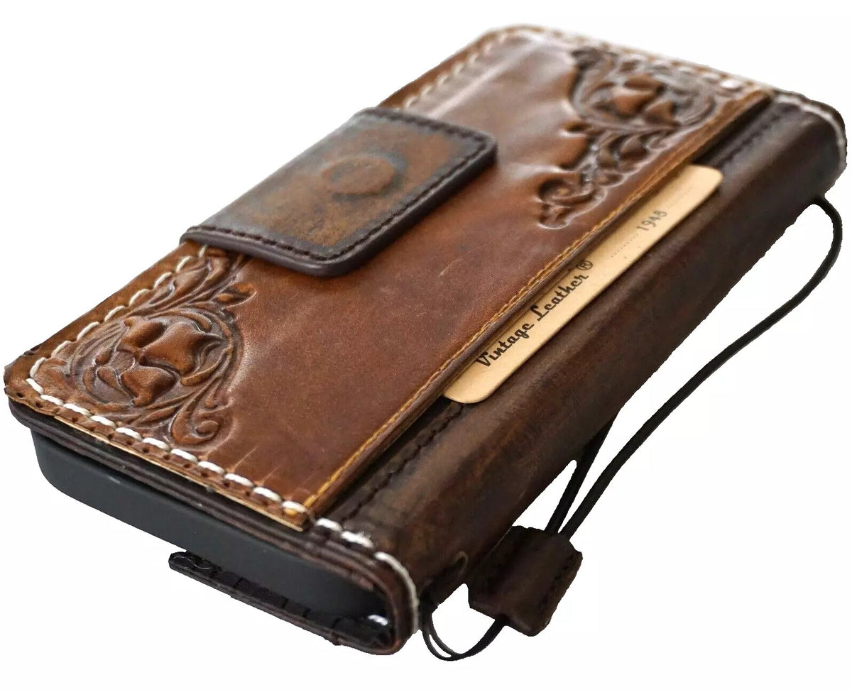 Genuine tan leather Galaxy S25 S23 S24 Ultra Note Edge FE case with wallet fold cover by DAVISCASE, showing textured leather surface.