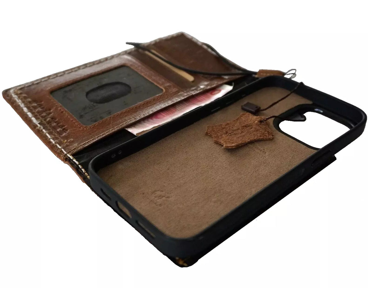 Handmade genuine leather phone case for iPhone 12-16 Pro Max with removable wallet, in Zamch Tan, by DAVISCASE.