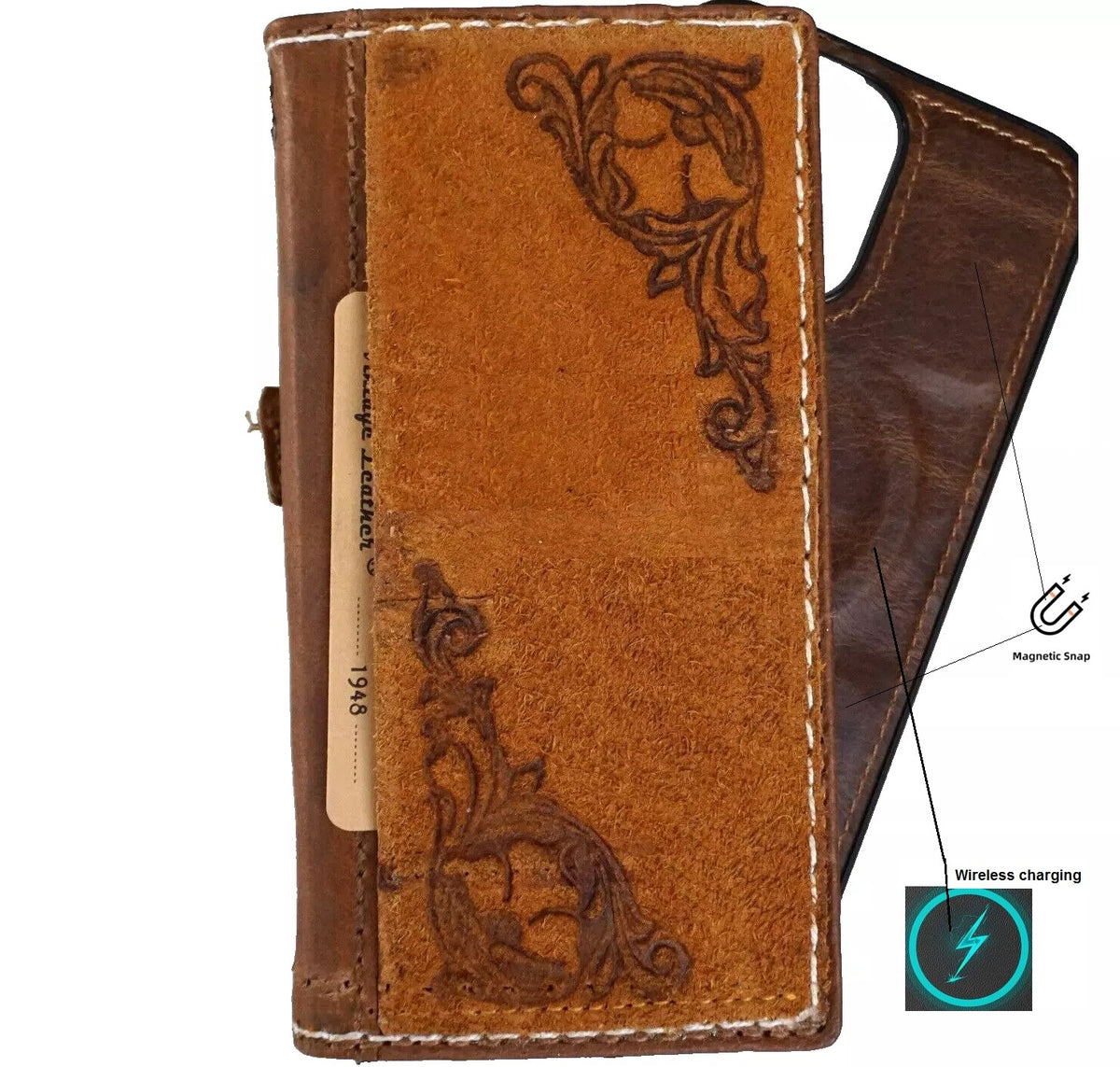 Genuine tan leather Google Pixel phone case with fold wallet design by DAVISCASE, featuring handmade sewing and multiple card slots.