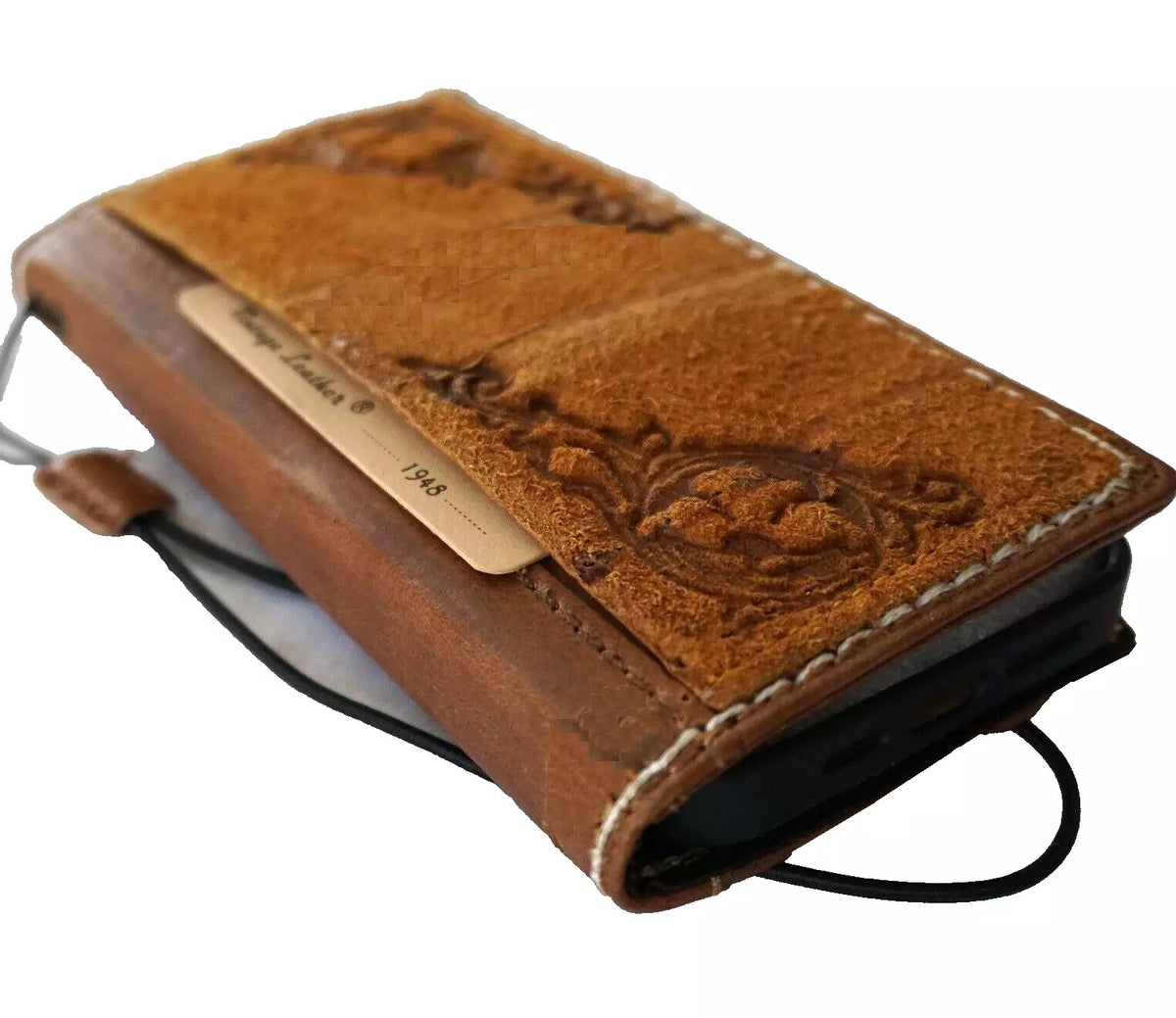 Genuine leather wallet case for Google Pixel phones, handmade by DAVISCASE in tan Zamch leather with sewing details