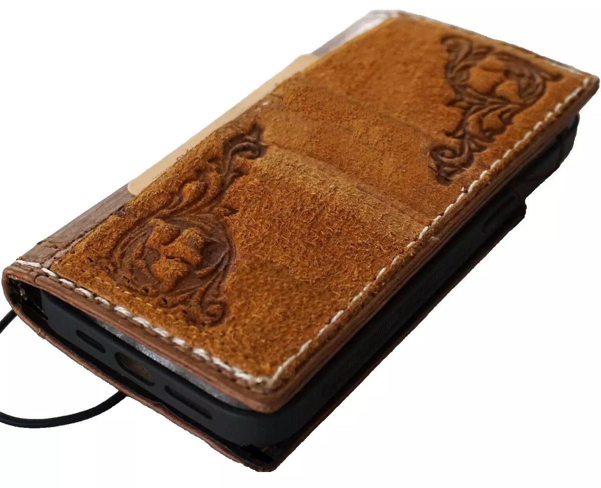 Genuine leather wallet case for Google Pixel phones, handmade sewing in Zamch Tan, with fold design and multiple card slots.