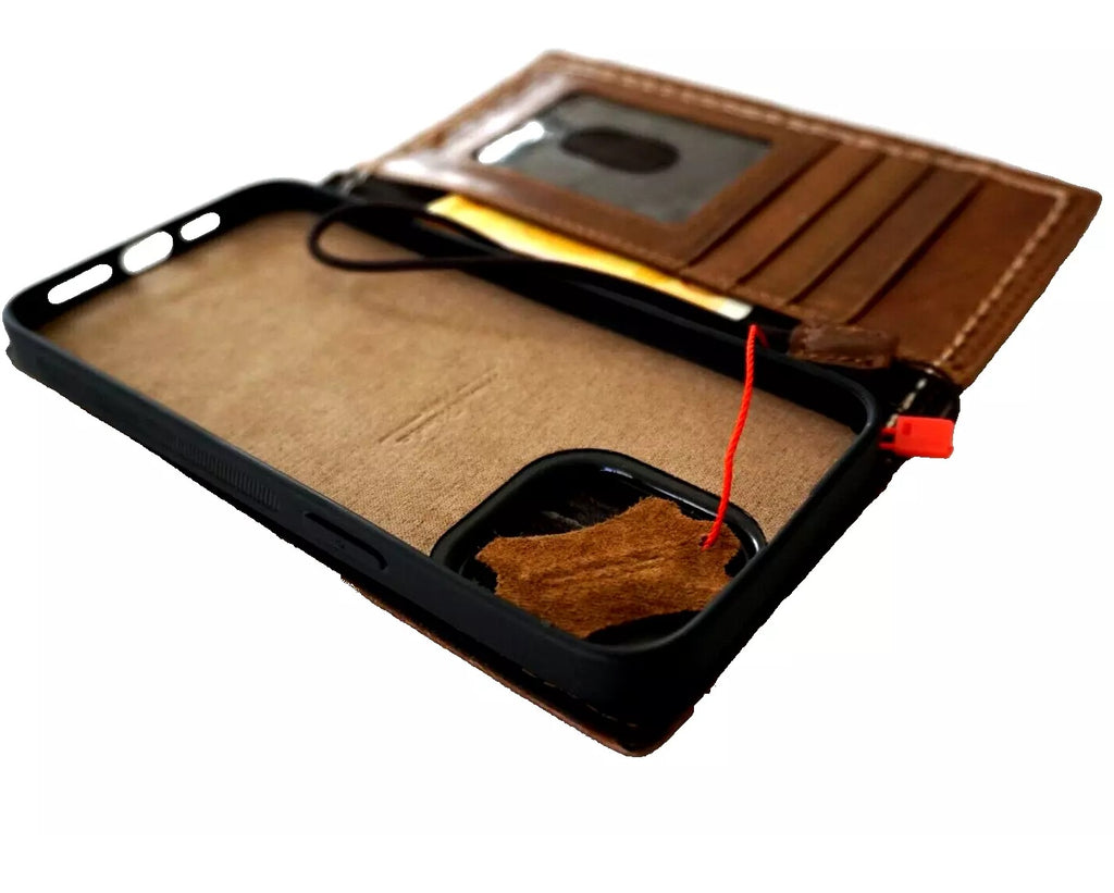 Handmade genuine leather phone case for iPhone 13-16 Pro Max with removable wallet, crafted with sewing art by DAVISCASE.