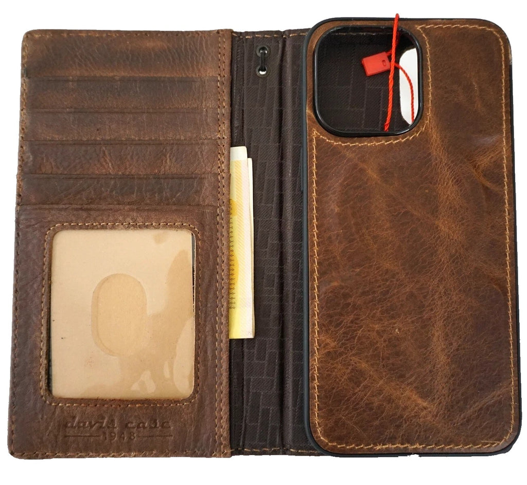 Handmade genuine leather phone case for iPhone 13-16 Pro Max with wallet features, by DAVISCASE, showing sewing details and craftsmanship.