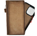 Handmade genuine leather phone case for Apple iPhone 13-16 Pro Max and Plus models, featuring a removable wallet and hand-sewn details.