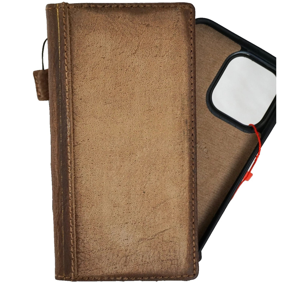Handmade genuine leather phone case for Apple iPhone 13-16 Pro Max and Plus models, featuring a removable wallet and hand-sewn details.