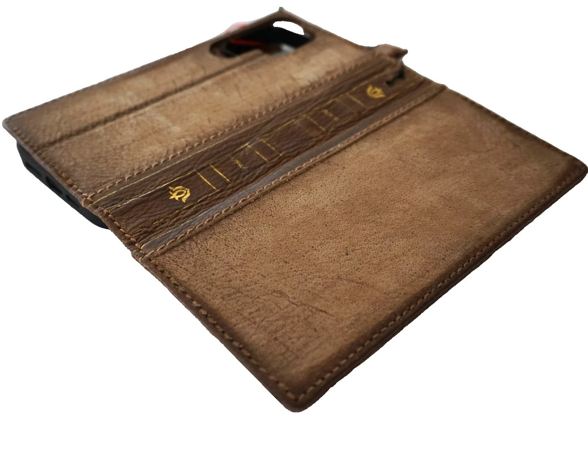 Handmade genuine leather phone case for iPhone 13-16 Pro Max and 8 Plus, featuring a removable wallet and hand-sewn Zamch Ston accents.