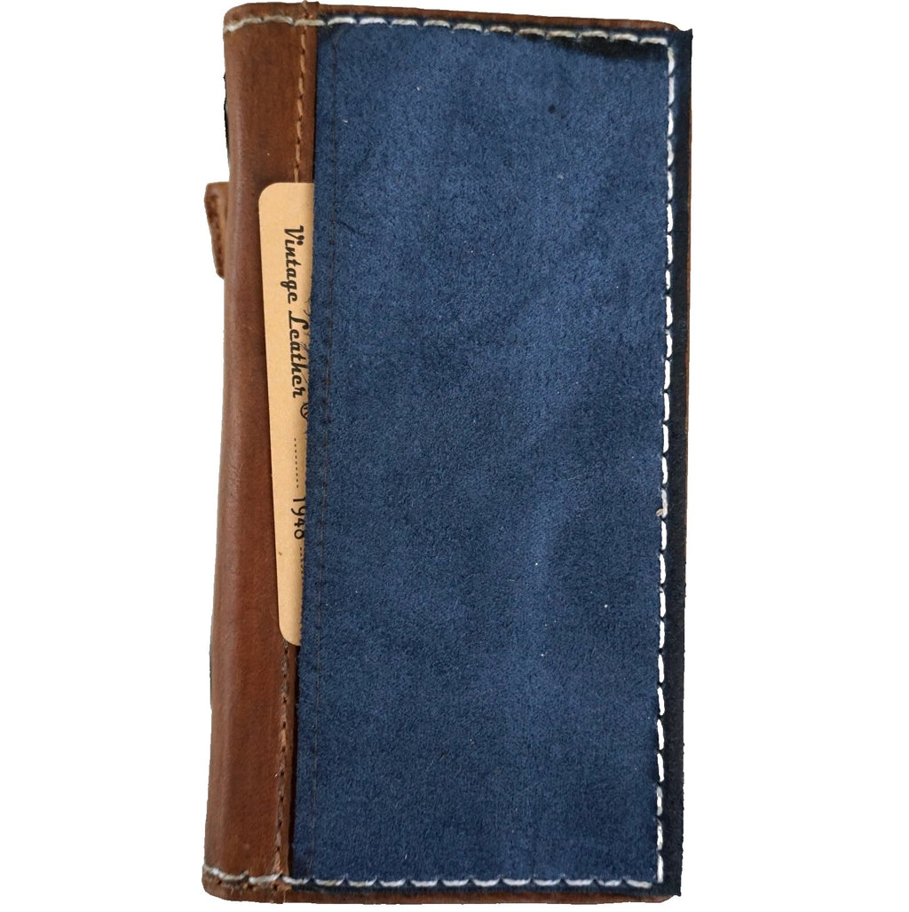 Handmade genuine blue leather phone case for iPhone 15, 16, 17 Pro Max with removable Air Plus wallet, crafted by DAVISCASE.