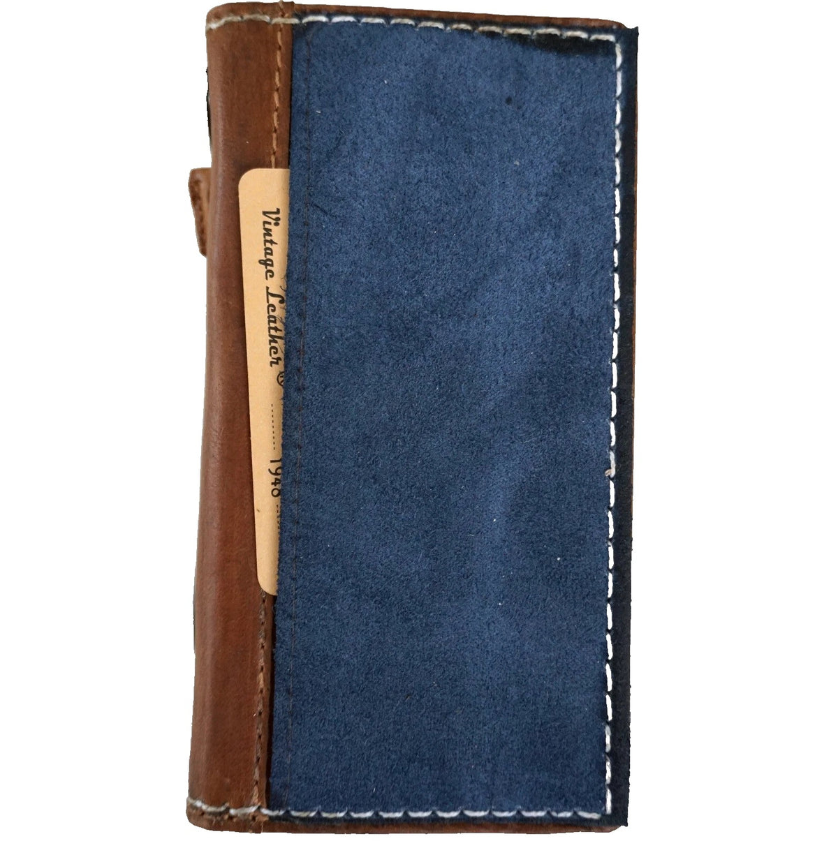 Handmade genuine blue leather phone case for iPhone 15, 16, 17 Pro Max with removable Air Plus wallet, crafted by DAVISCASE.