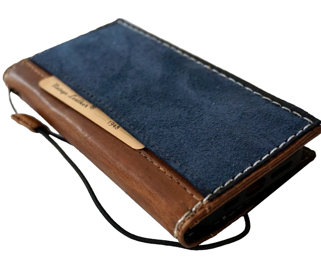 Handmade blue leather phone case for iPhone 17, 15, 16 Pro Max with removable Air Plus wallet by DAVISCASE.