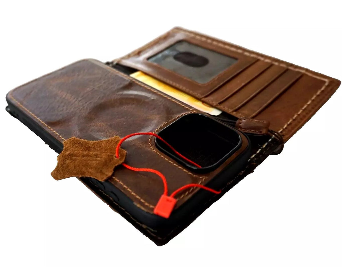 Handmade blue genuine leather phone case for iPhone 15, 16, 17 Pro Max by DAVISCASE with removable Air Plus wallet feature.