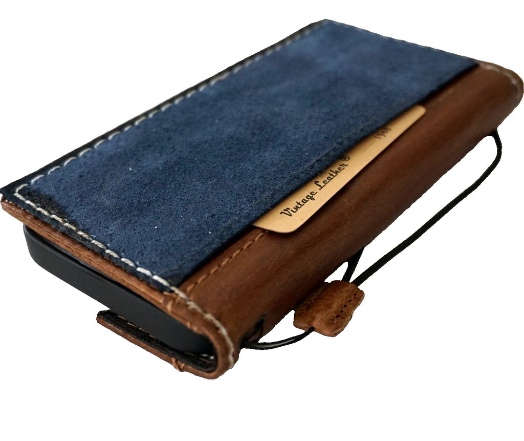 Handmade blue genuine leather phone case for iPhone 17, 15, 16 Pro Max with removable Air Plus wallet by DAVISCASE.
