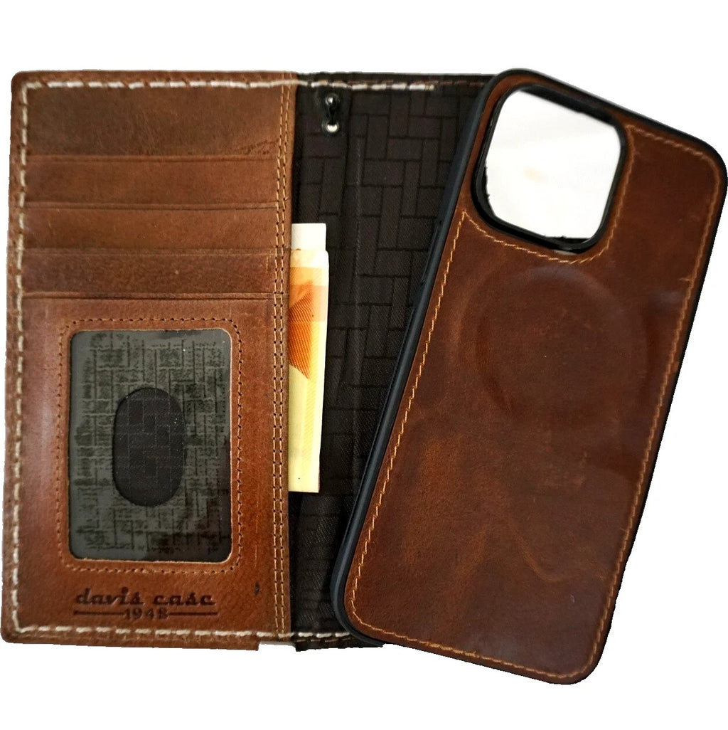 Handmade blue genuine leather phone case for iPhone 15, 16, 17 Pro Max with removable Air Plus wallet by DAVISCASE.