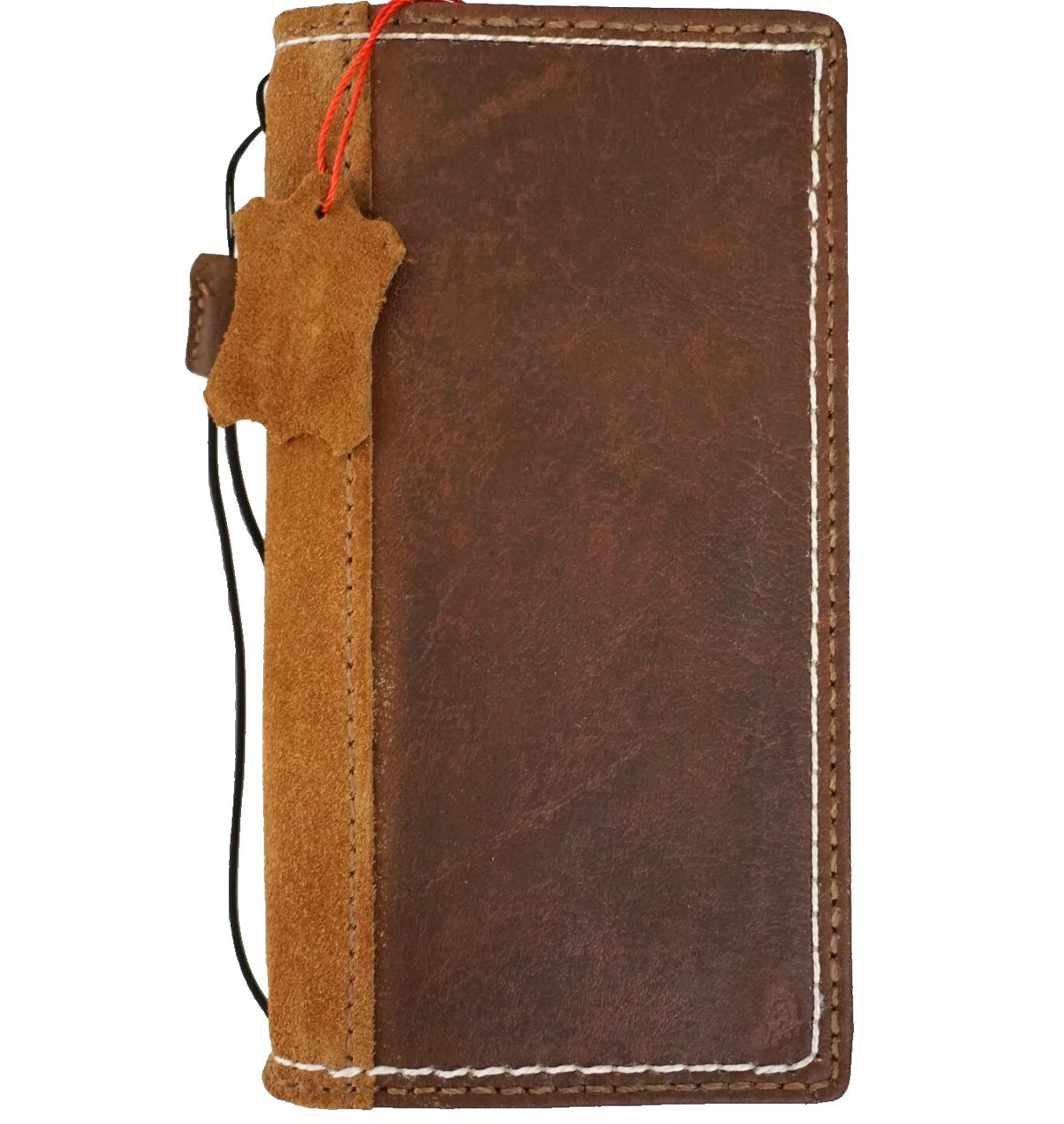 Handmade genuine leather wallet phone case for iPhone models, featuring luxurious suede interior and classic book cover design.