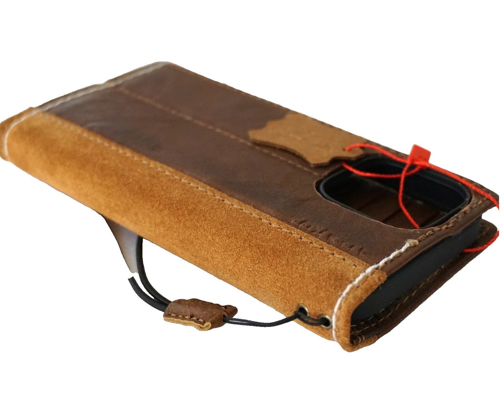 Handmade genuine leather phone case for iPhone models 12-16, featuring a wallet-style design with suede interior by DAVISCASE.
