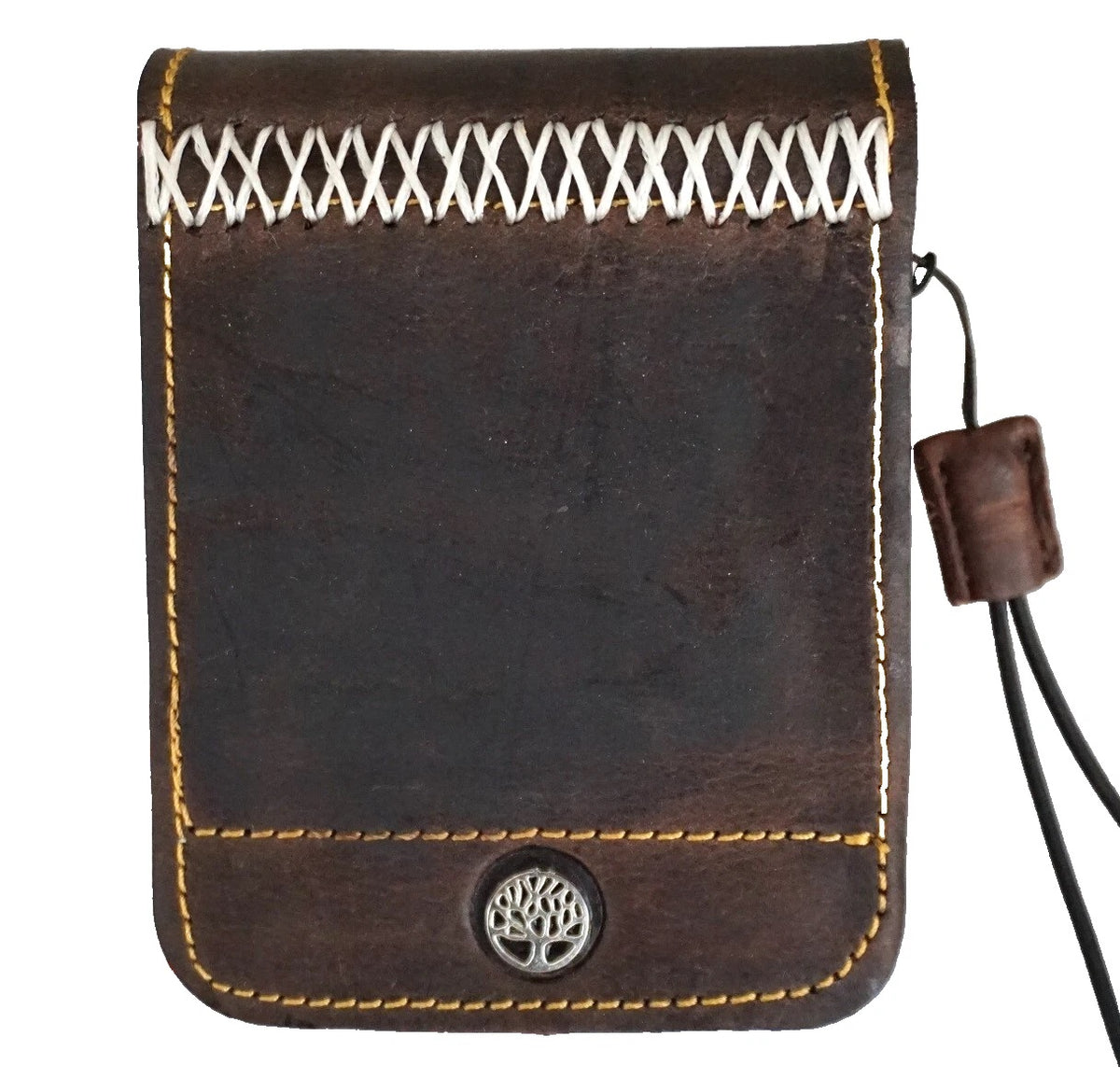 Genuine tan leather wallet book cover for Galaxy Z Flip 3 4 5 6 7 with Tree of Life design, handmade by DAVISCASE.