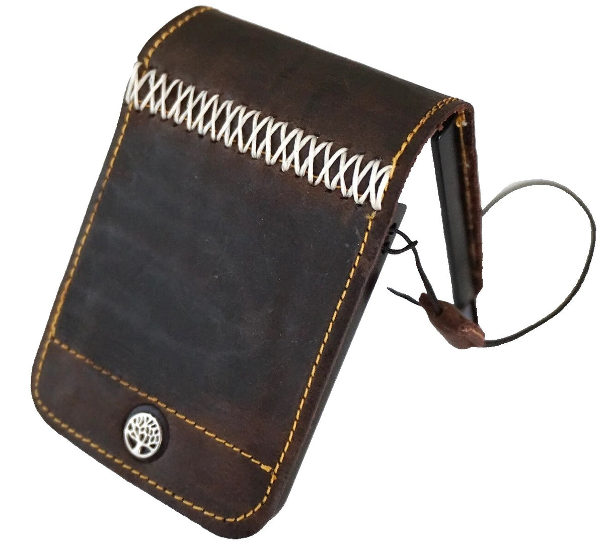 Handmade tan leather wallet case with Tree of Life design for Galaxy Z Flip 3 4 5 6 7, by DAVISCASE, featuring a protective cover.