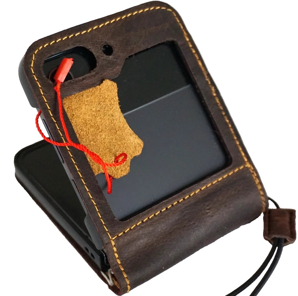 Handmade tan leather wallet book case with tree of life design for Galaxy Z Flip 3 to 7, by DAVISCASE.
