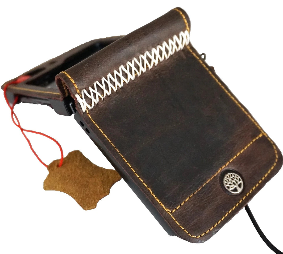 Handmade genuine leather wallet phone case for Galaxy Z Flip 3-7 with Tree of Life design in tan, by DAVISCASE.