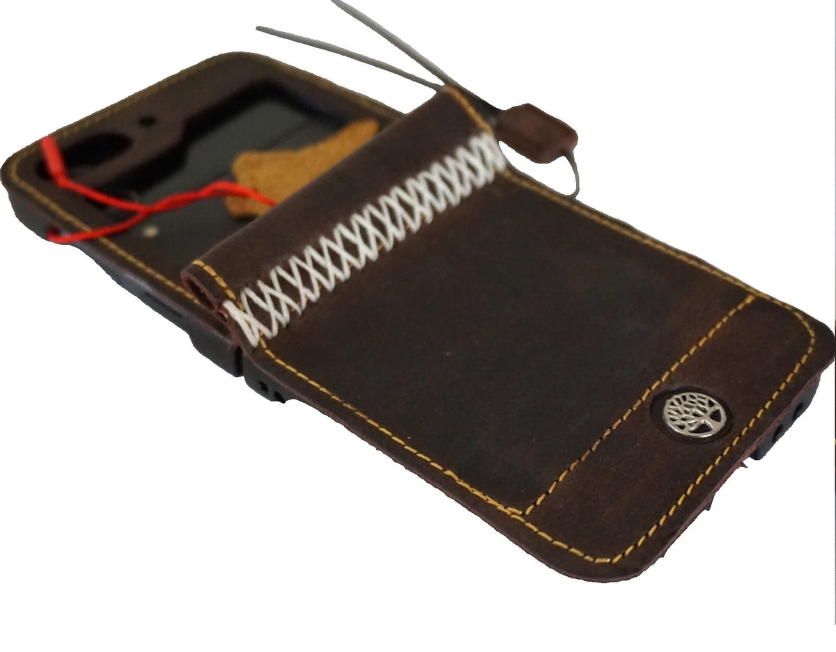 Handmade genuine leather wallet case for Galaxy Z Flip 3-7 with Tree of Life design in tan, by DAVISCASE.