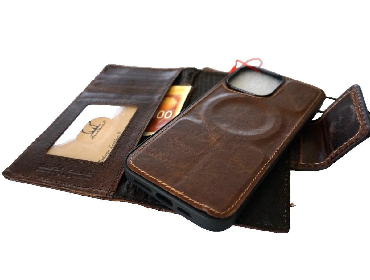 Handmade genuine leather phone case for iPhone models, with magnetic closure and limited edition patches, by DAVISCASE.