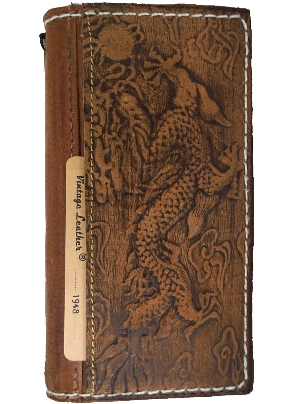 Handmade DAVISCASE genuine leather wallet phone case for Galaxy Z Fold 3 4 5 6 7, with detailed sewing and dragon design.
