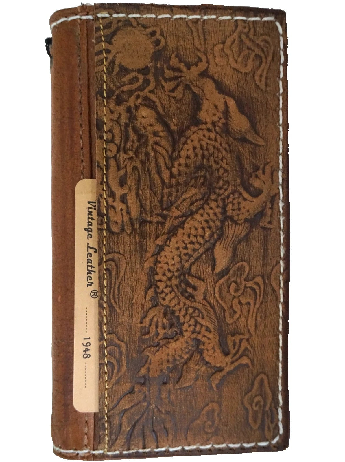 Handmade DAVISCASE genuine leather wallet phone case for Galaxy Z Fold 3 4 5 6 7, with detailed sewing and dragon design.