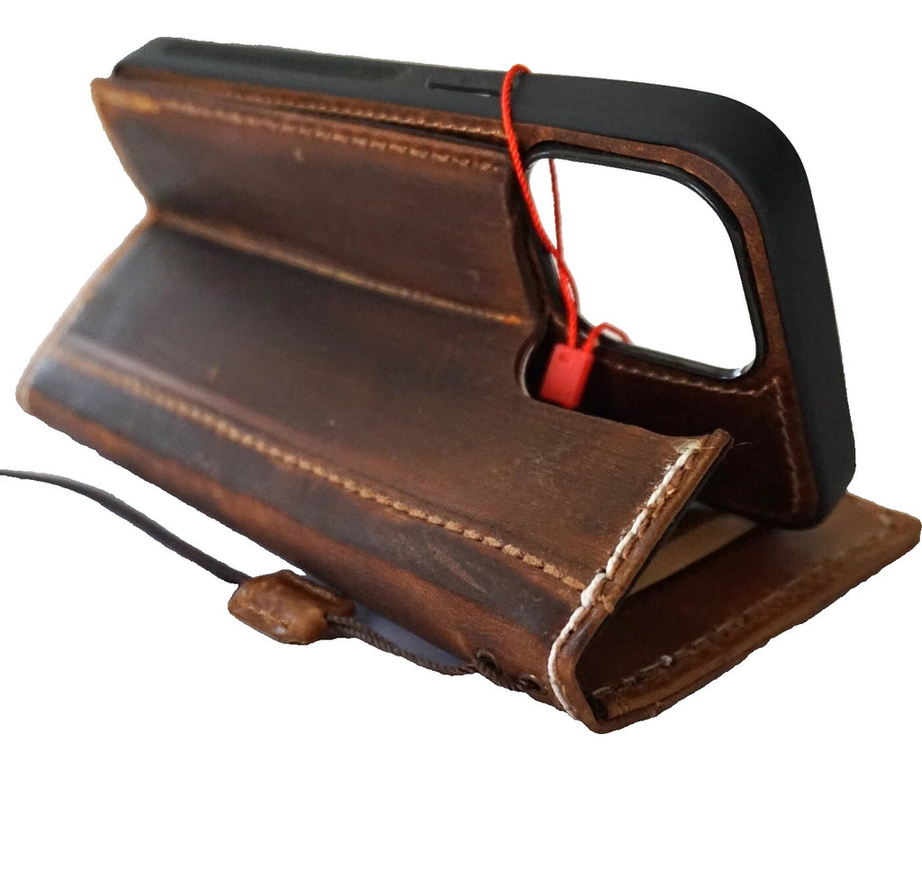 Genuine leather Google Pixel phone case by DAVISCASE with fold wallet design, handmade sewing, and baseball-themed DIY accents.