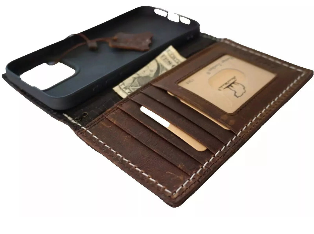 Handmade genuine leather phone case for Apple iPhone 12-16 Pro Max with removable wallet, by DAVISCASE.