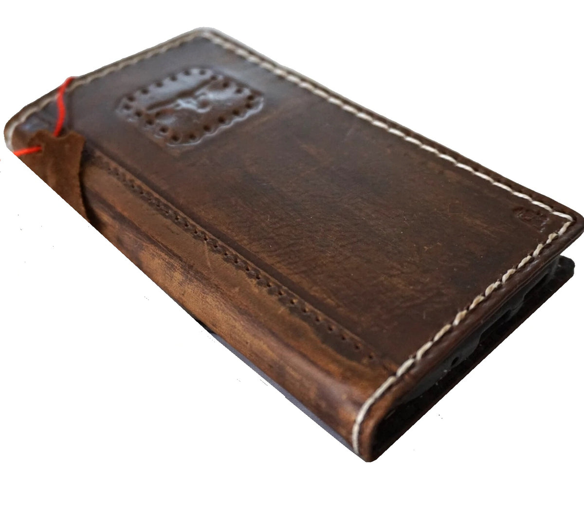 Handmade genuine leather wallet case for Apple iPhone 13-16 Pro Max by DAVISCASE, featuring a removable wallet and hand-stitched design.