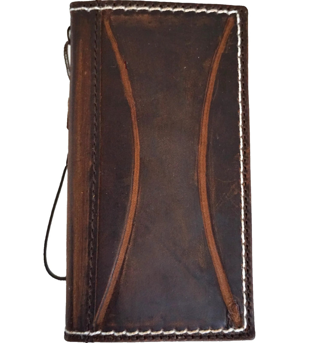 Handmade genuine leather phone case for iPhone models with removable wallet, sewn details, by DAVISCASE.