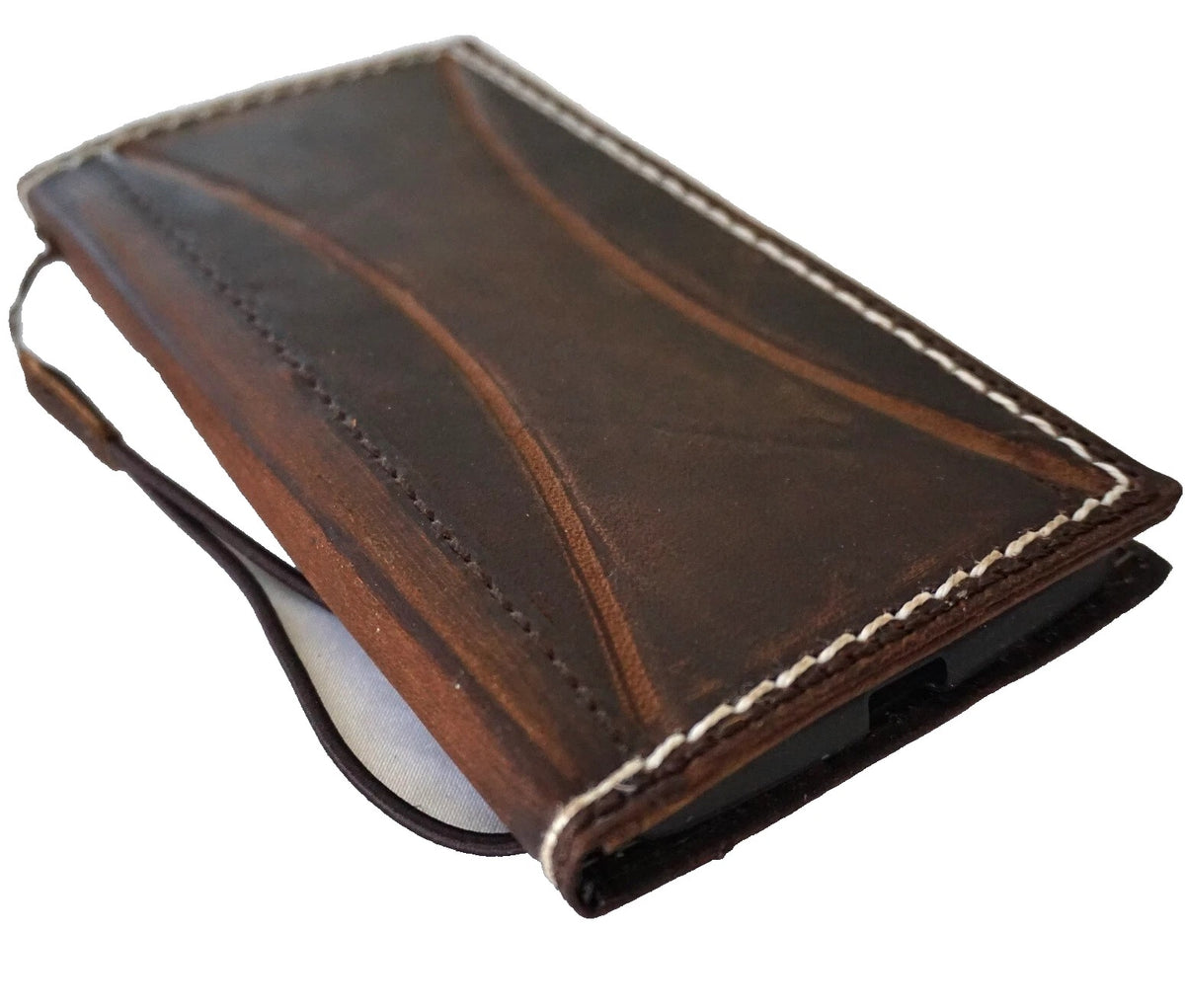 Handmade leather phone case for iPhone models, featuring a removable wallet and detailed sewing, by DAVISCASE.
