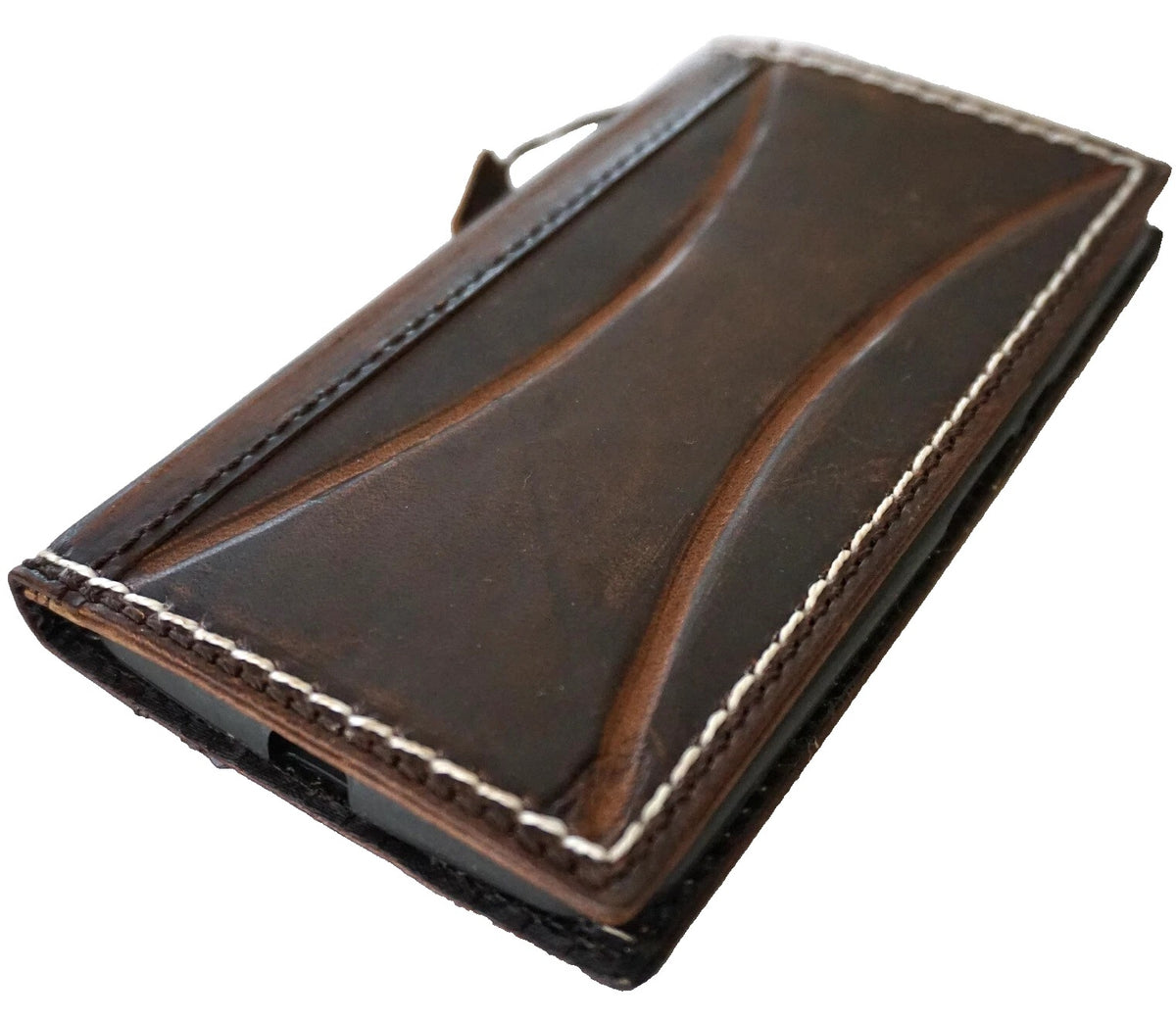 Genuine leather Google Pixel phone case by DAVISCASE, fold wallet book cover with handmade sewing and baseball design details.
