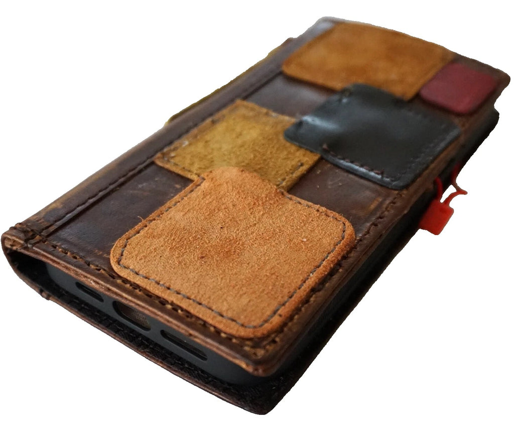 Handmade genuine leather phone case for iPhone 13-16 Pro Max with limited edition patches, featuring wallet and book-style design by DAVISCASE.