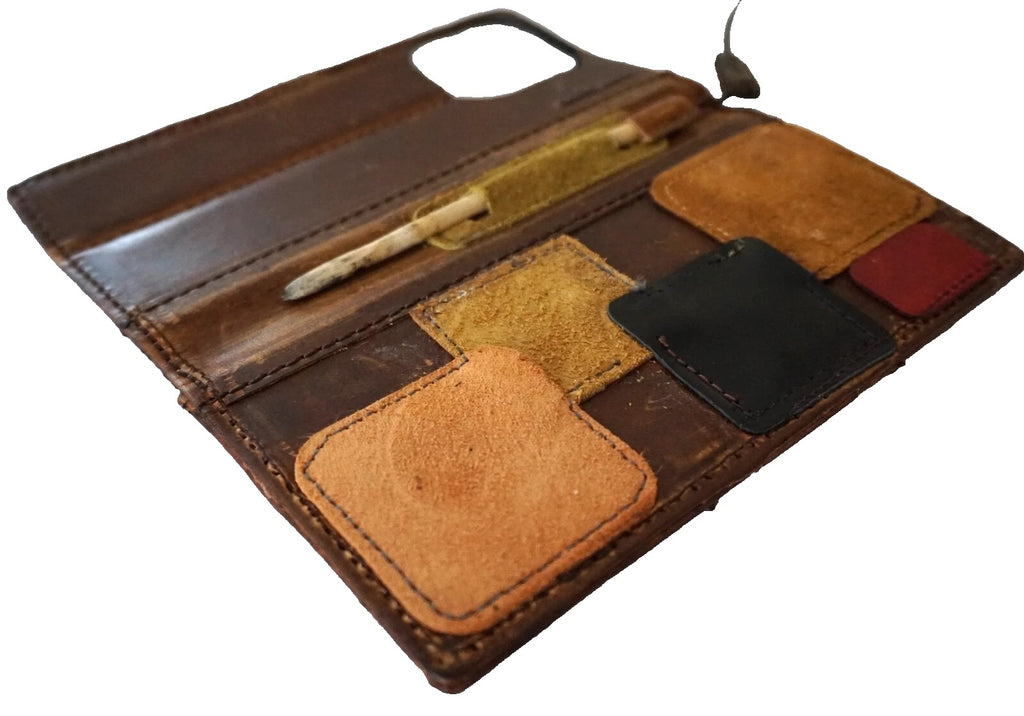 Handmade genuine leather phone case for iPhone 13-16 Pro Max with wallet and patches by DAVISCASE, showcasing detailed craftsmanship.