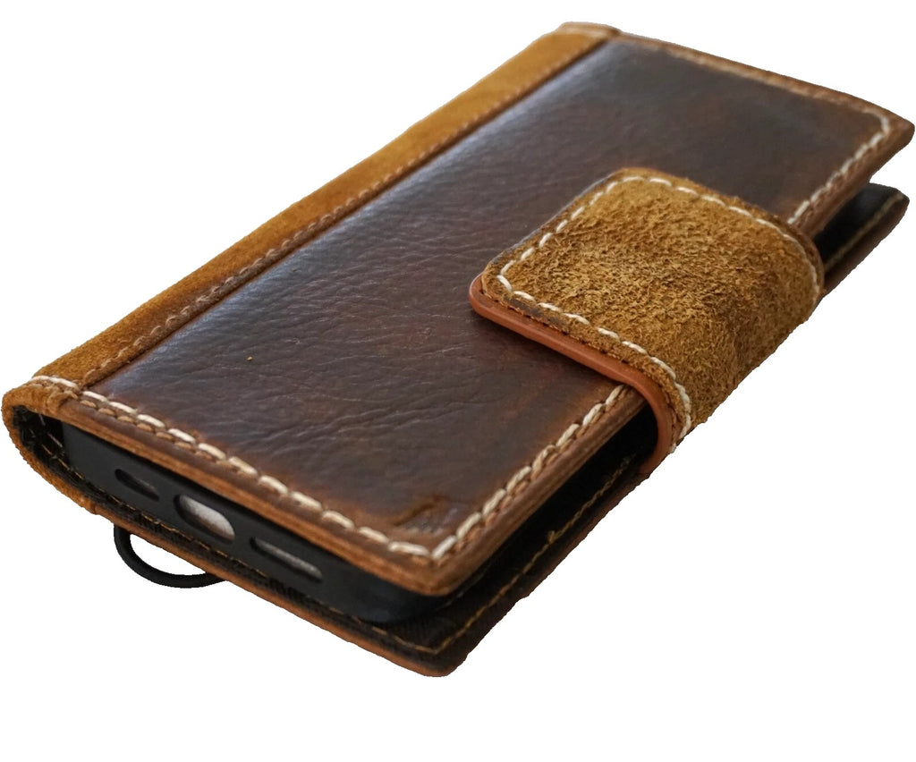 Handmade genuine leather Galaxy Z Fold 3 4 5 6 7 8 Ultra wallet case in tan suede with detailed stitching and card slots.