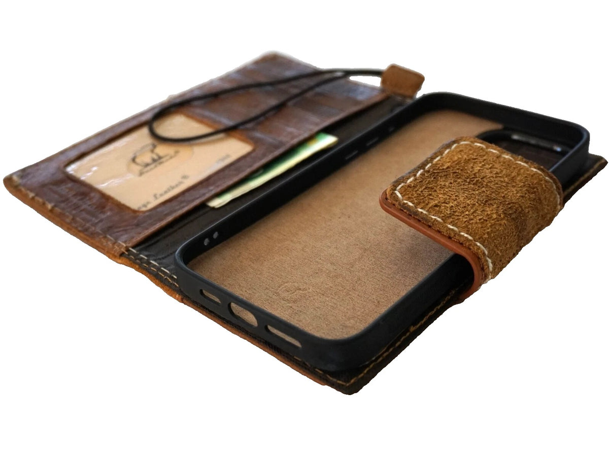Handmade genuine tan leather wallet case for Galaxy Z Fold 3 4 5 6 7 8 Ultra, with suede finish, by DAVISCASE.
