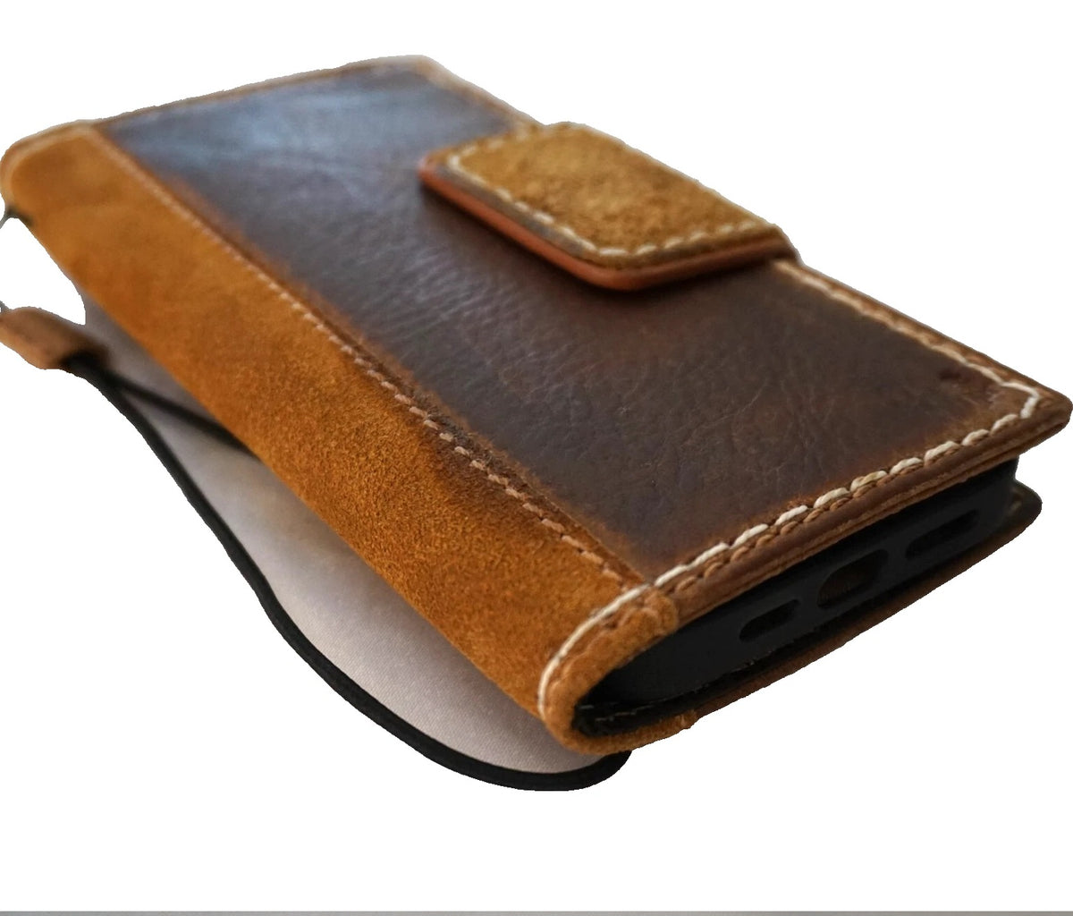 Handmade genuine leather wallet case for Apple iPhone 12-16 Pro Max by DAVISCASE, featuring magnetic closure and tan suede interior.