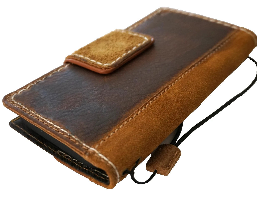 Handmade genuine leather wallet phone case for iPhone 12-16 Pro Max by DAVISCASE, tan suede with magnetic closure.