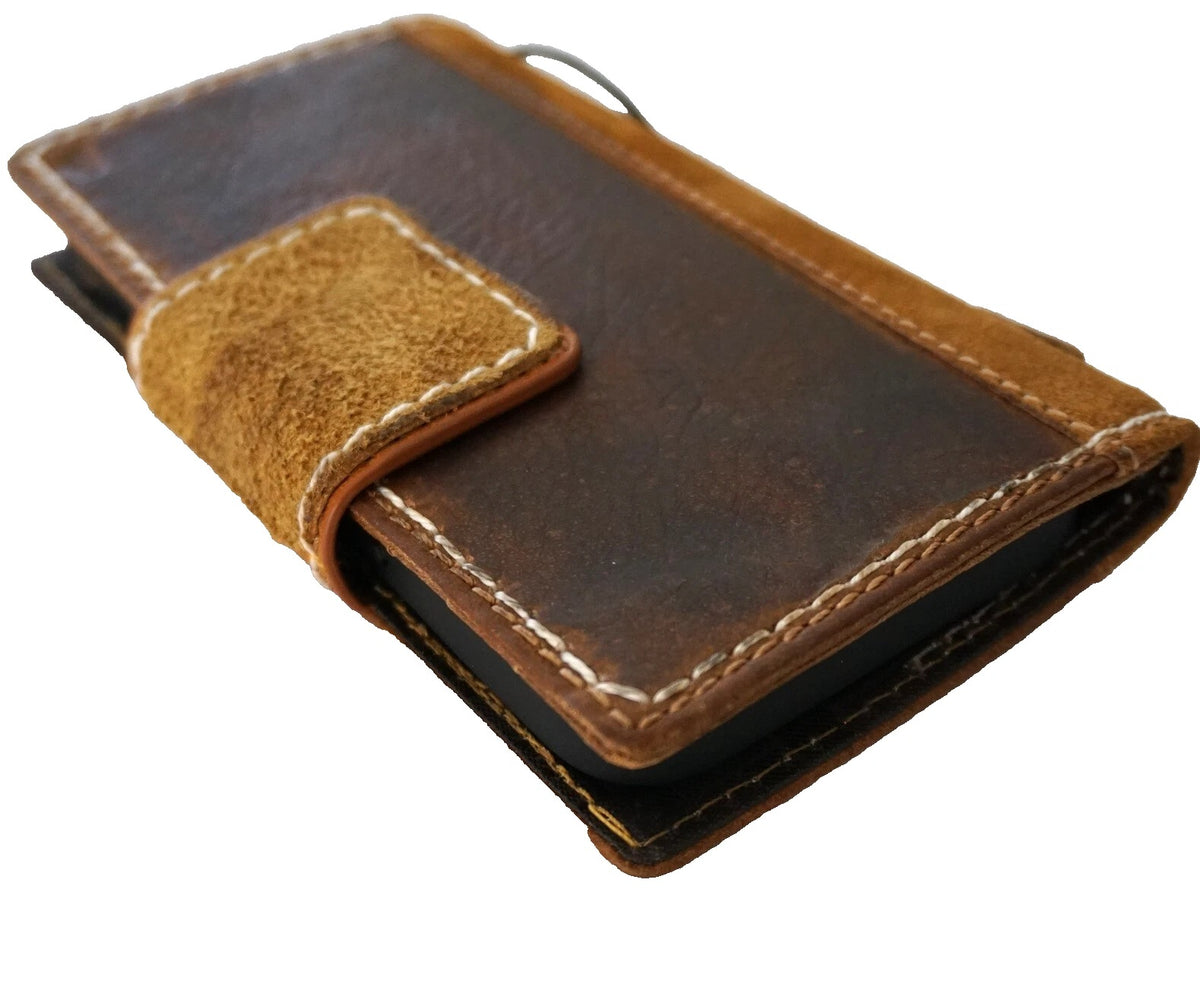 Handmade tan genuine leather wallet case for iPhone 12-16 Pro Max by DAVISCASE, featuring magnetic closure and suede accents.