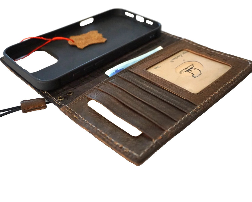 Handmade DAVISCASE genuine leather phone case for Apple iPhone 12 15 17 Pro Max with football wallet-style book cover design.