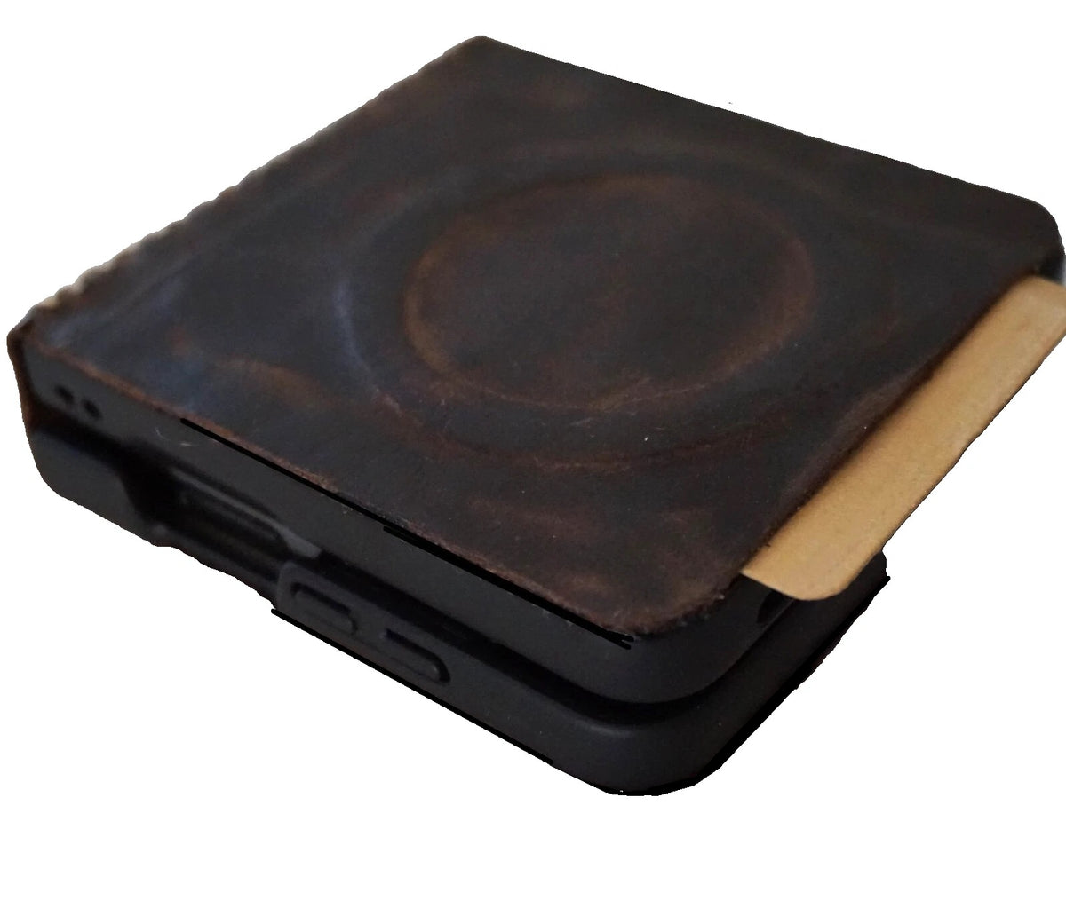 White genuine leather wallet case for Galaxy Z Flip 3 4 5 6 7 by DAVISCASE, featuring stitch details and wireless charging compatibility.