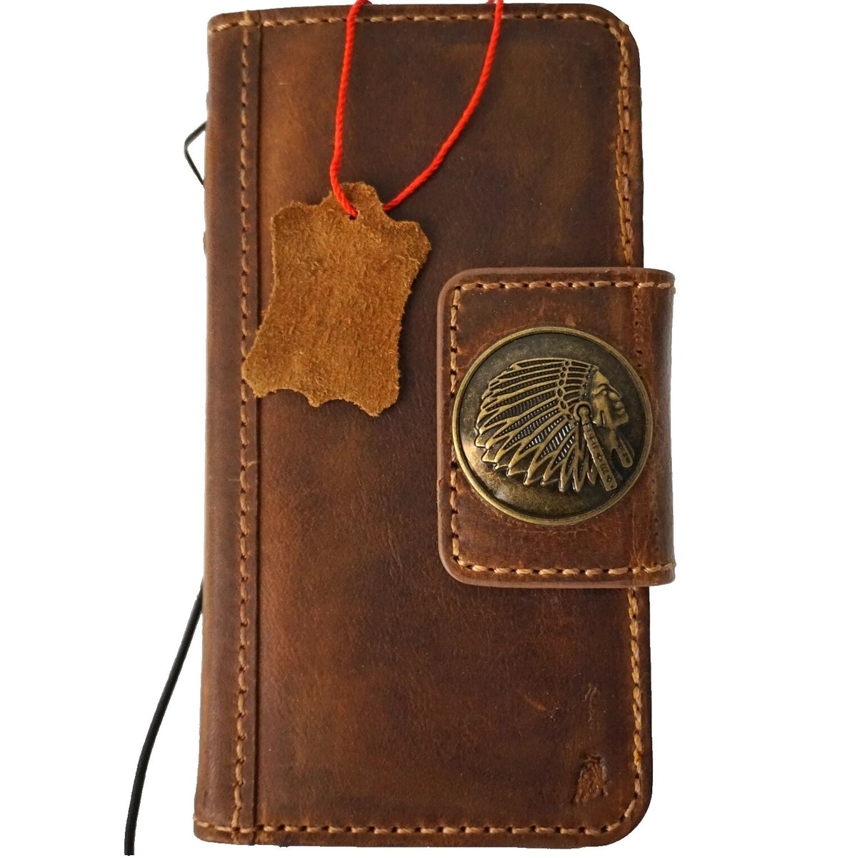 Handmade genuine leather wallet case for iPhone 11-16 Pro Max by DAVISCASE, featuring magnetic closure and Indian cowboy design.