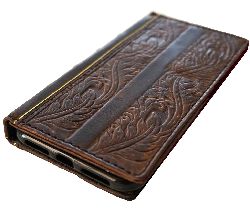 Handmade genuine leather phone case by DAVISCASE for Galaxy S24, S21, Note 20, and Z Fold 4 with wallet and vintage Bible design.