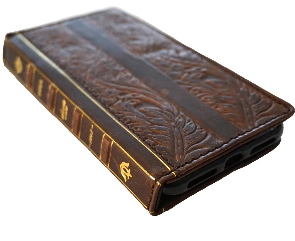 Handmade genuine leather phone case for Samsung Galaxy S series and Note models, featuring a wallet, Bible book, vintage Z Fold design.